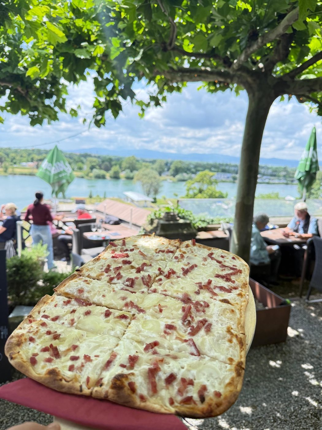 Flammkuchen auf der Terrasse mit Rheinblick