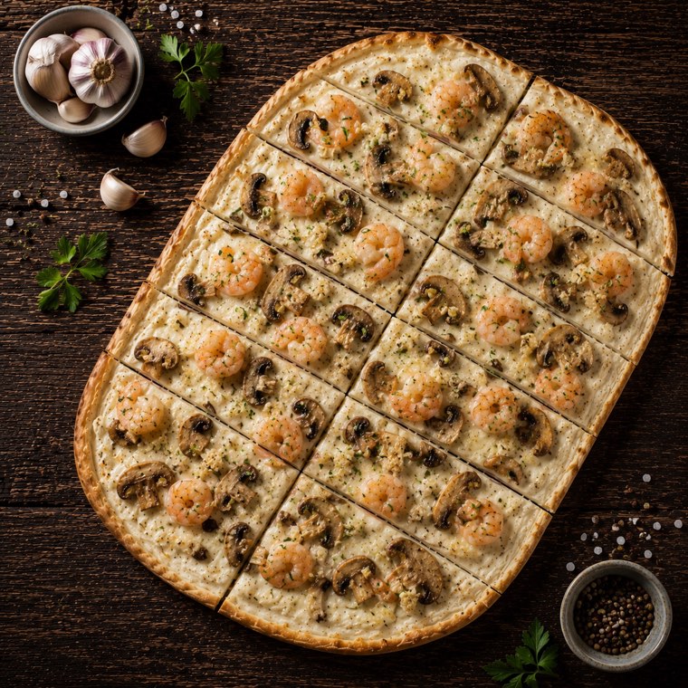 Tarte flambée mit Garnelen, Champignons und Knoblauch